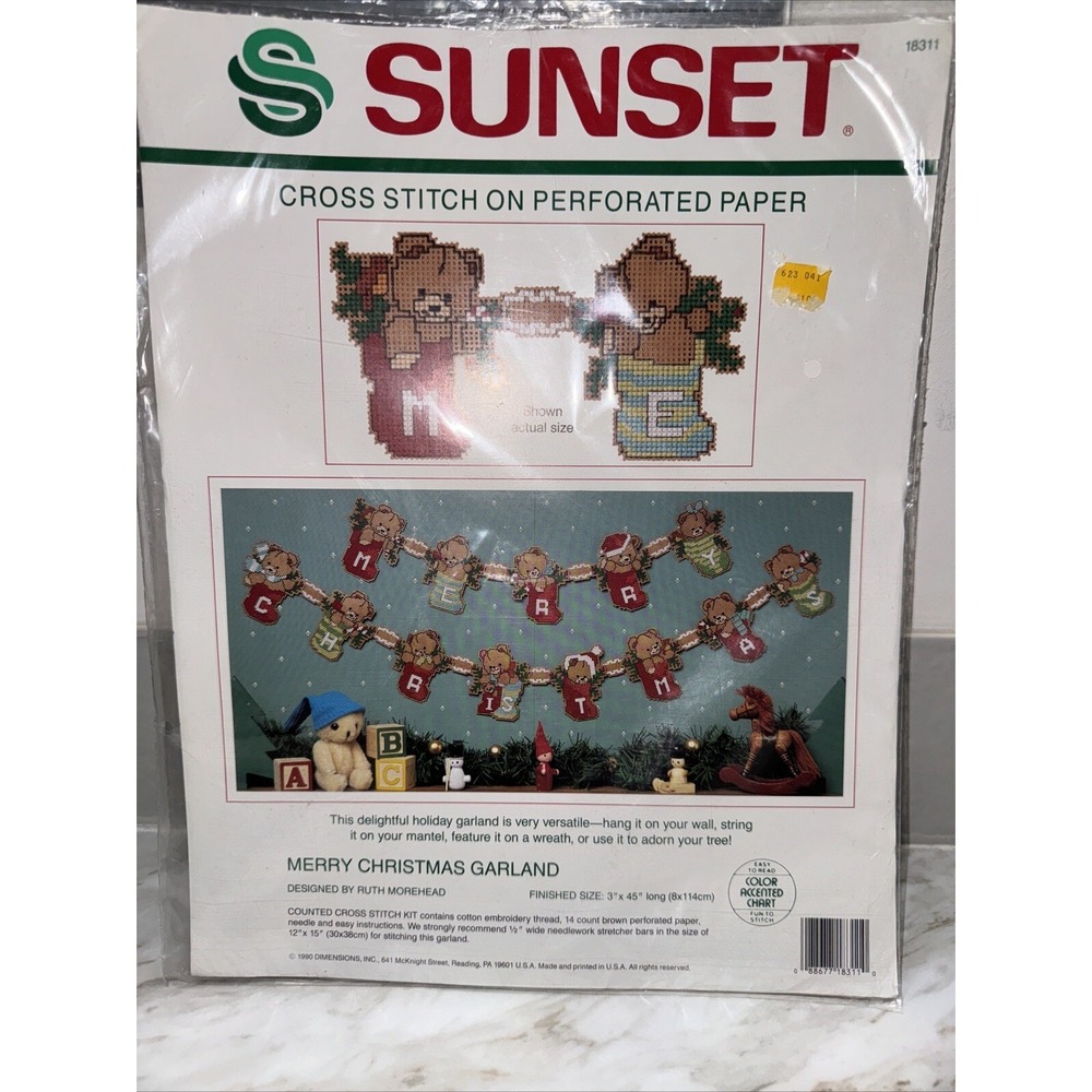 Vintage SUNSET Merry Christmas Garland Counted Cross Stitch Kit New Sealed Pkg‎